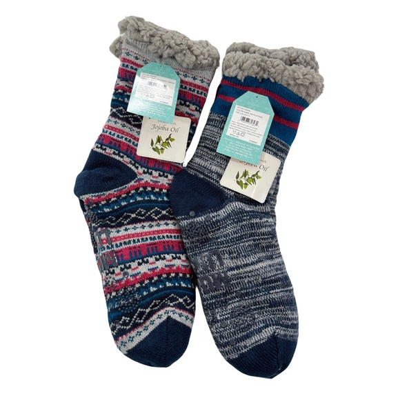 Muk Luks Multicolor Socks NWT 2 Pair Blue Cherry Gray Cuff L/XL The Original - Picture 3 of 10